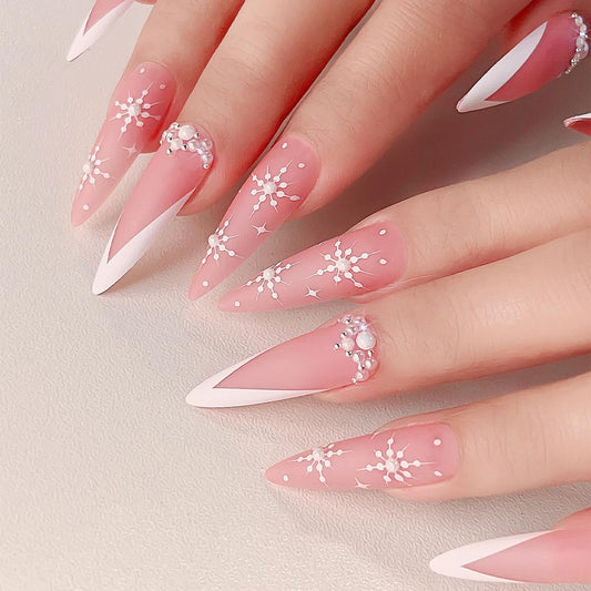 24Pcs Christmas Press on Nails Long Nude Pink Fake Nails Snowflake with Rhinestones Glitter Full Cover Artificial French Tip False Nail Stick on Nails Stiletto Shaped for Women Acrylic Manicure Decor