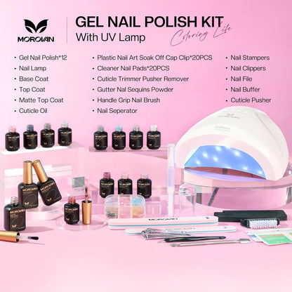 Gel Nail Polish Kit: 12 Colors Gel Nail Polish Set with U V/LED Light Nude Pink Blue Haze Gel Polish Nail Art Decorations Manicure Tools DIY Salon Home Gifts