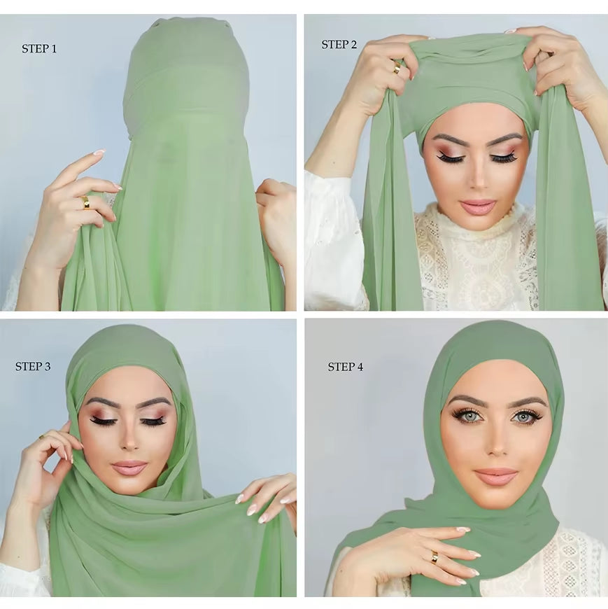 Instant Hijabs with Cap Plain Chiffon Jersey Hijabs for Woman Veil Muslim Islamic Hijab Cap Scarf for Women'S Hijabs Headscarf