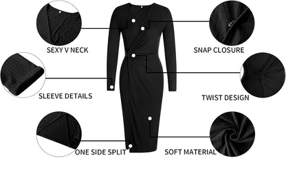 Women'S Long Sleeve Dress: Midi Casual V Neck Twist Waist Ribbed Knit Bodycon Slit Cocktail Party Dresses