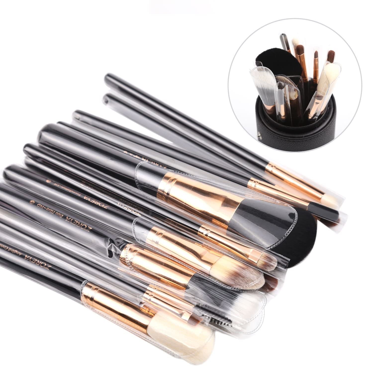 Premium Travel Makeup Brush Set 12 Pieces Essential Cosmetic Tools Synthetic Hair Foundation Powder Eye Cosmetic Brushes with Black Holder