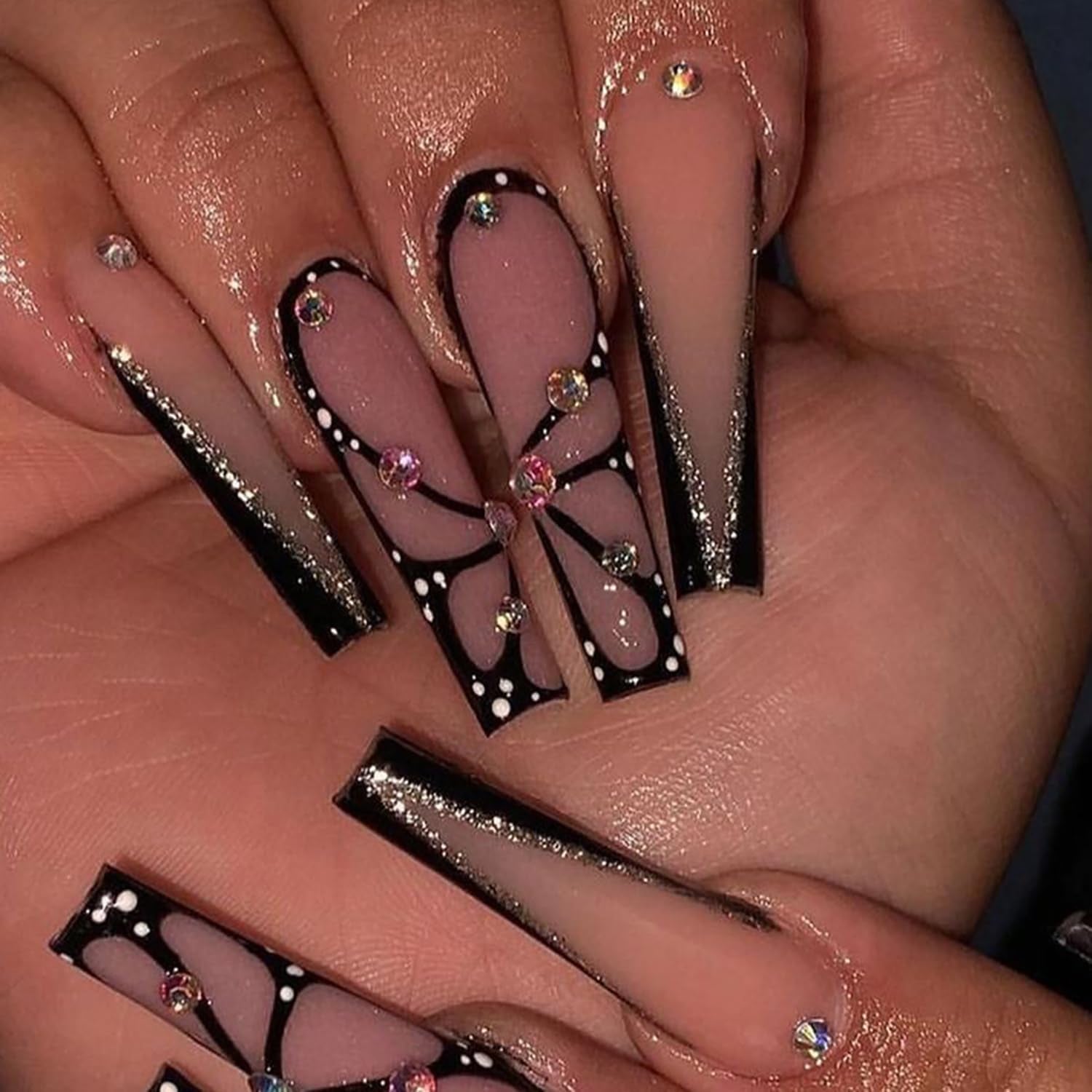 Press on Nails Long Coffin Black Glossy Full Cover Acrylic Extra Long Square Rhinestone False Nails with Butterfly Designs Artificial Ballerina Fake Nails with Glue Stick on Fingernails for Women