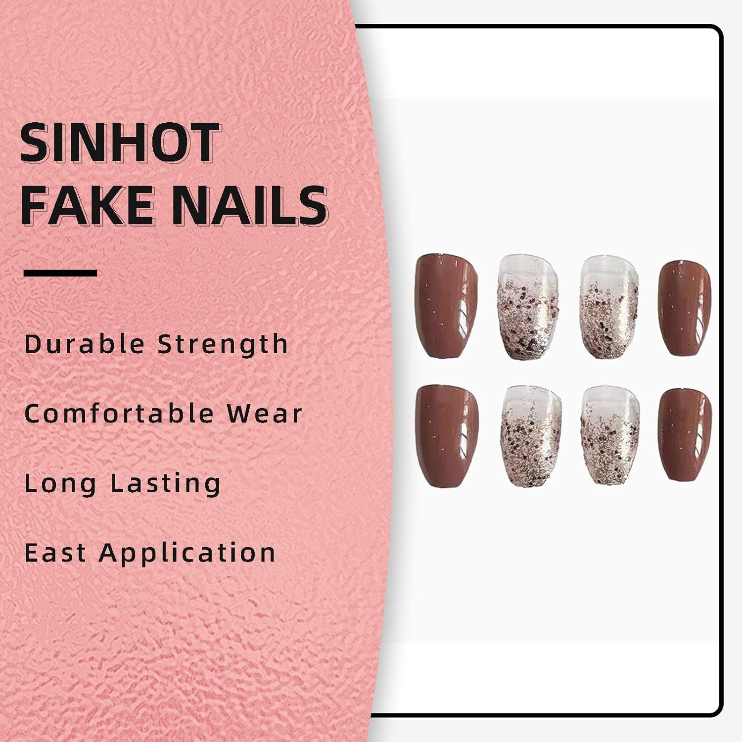 Coffin Press on Nails Medium Ballerina Fake Nails Glossy Glue on Nails Brown Gradient Acrylic Nails with Brown Glitter False Nails Designs 24 Pcs