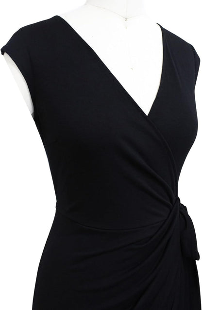 Women'S Vintage V-Neck Sheath Casual Party Work Faux Black Wrap Dress