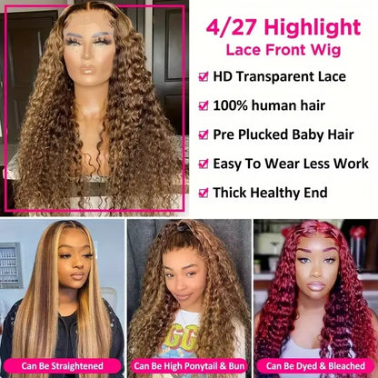 Deep Wave Frontal Curly Wigs 30 Inch Highlight Wig Human Hair for Women Choice 13X6 HD Lace Frontal Wig Cheap on Clearance Sale