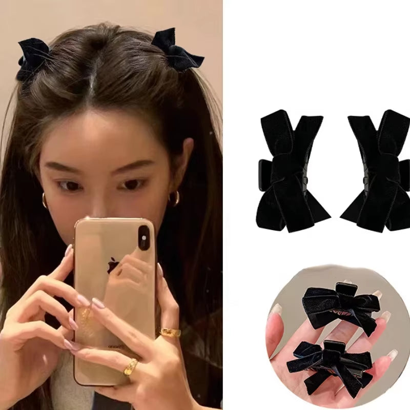 Black Red Small Velvet Bowknot Hair Claw Clips 2Pcs/Set Korean Princess Hair Clips with Bangs Girls‘ Headwear Hair Styling Tools