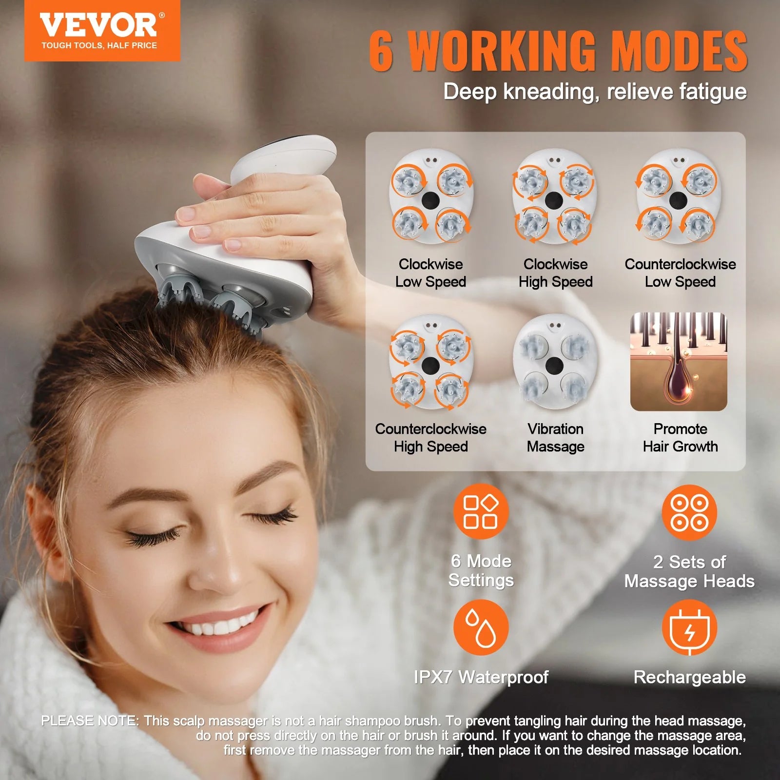 VEVOR Electric Scalp Massager Rechargeable Head Massager Waterproof Portable