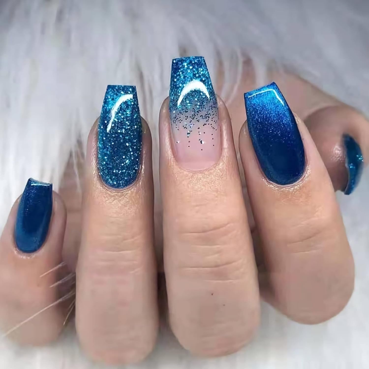 Medium Coffin Press on Nails, Blue Ombre Fake Nails, Glossy Glue on Nails, Sparkly Acrylic Nails, Bling Glitter Artificial Nails, Ballerina False Nails with Design 24 Pcs