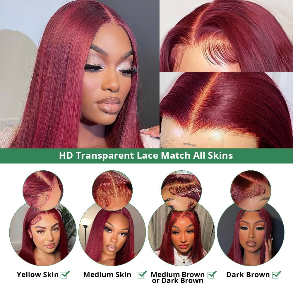 99J Burgundy 13X4 Lace Front Wigs Human Hair 180% Density 28 Inch Straight Lace Front Wigs Human Hair Glueless Wigs Human Hair Wig for Women with Baby Hair