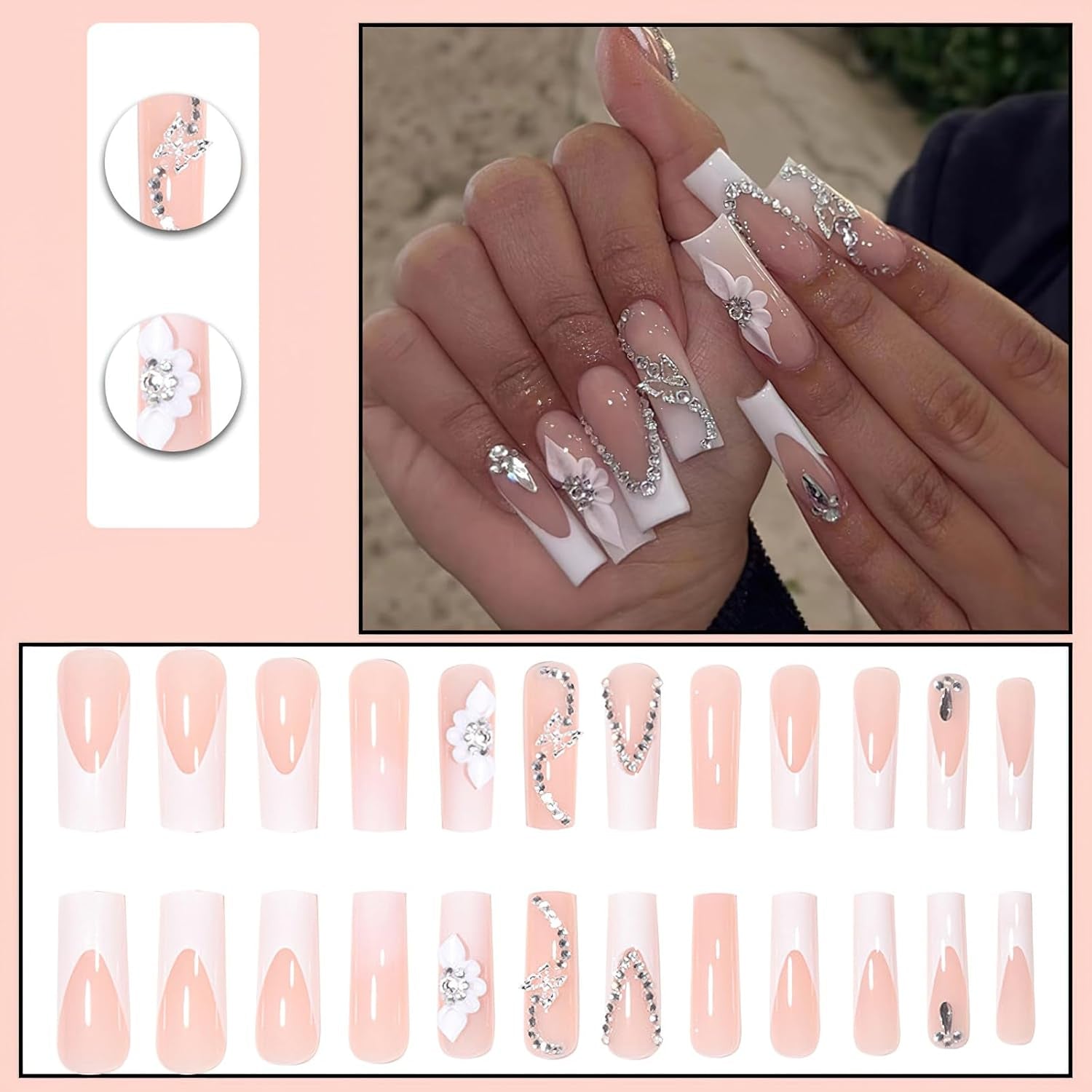 French Tip Press on Nails Long Square Fake Nails Glossy Nude False Nails with 3D Rhinestones Design White French Tip Glue on Nails Flower Butterfly Nail Charms for Women Girls Nail Decor 24Pcs