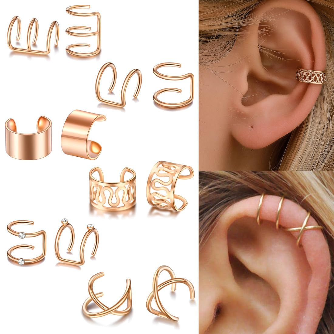 48PCS Gold Silver Black and Rose Hair Braids Dreadlock with Crystal Rhinestone Beads Accessories Non-Piercing Ear Clip Beard Beads Cuffs Clip for Women Men Hair Style