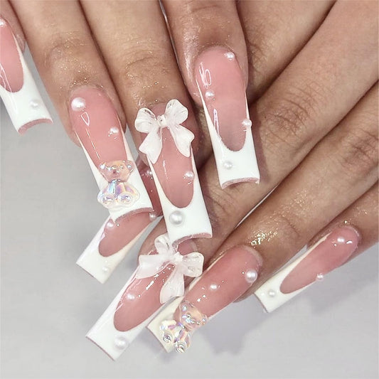 White French Tip Press on Nails Long Square Fake Nails Matte Pink Full Cover Solid Color Glue on Nails Glossy Designs Cute False Nails Stick on Nails for Women Girls Acrylic Manicure Decorations24Pcs