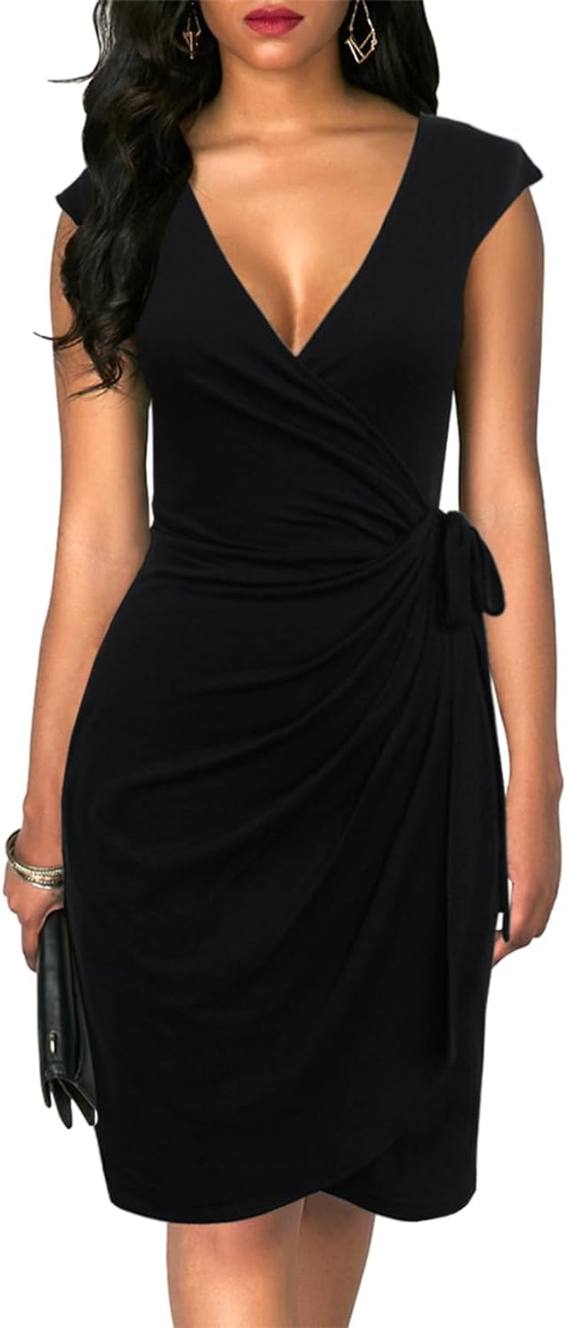 Women'S Vintage V-Neck Sheath Casual Party Work Faux Black Wrap Dress