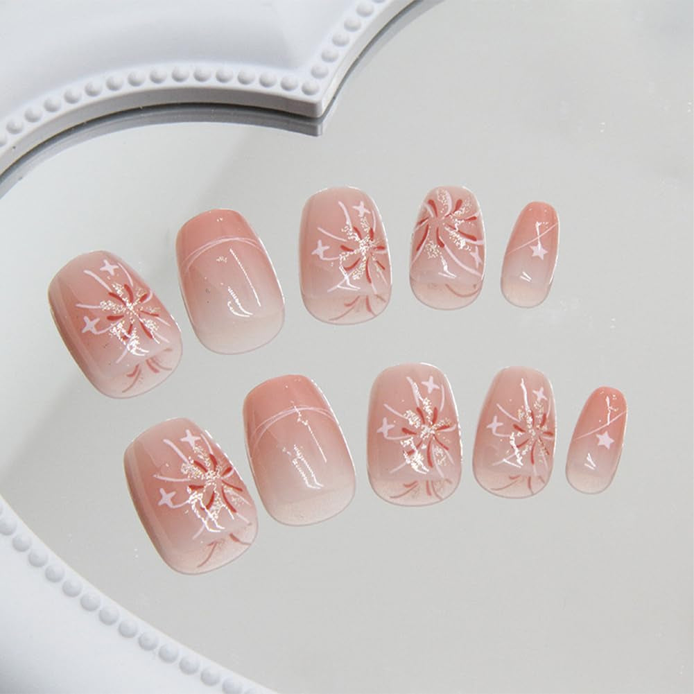 24Pcs Acrylic Press on Nails Short Square Fake Nails Pink White Ombre False Nails with Fireworks Show Press Ons Designs Nails Press on Artificial Nails Stick on Nails for Women Girls