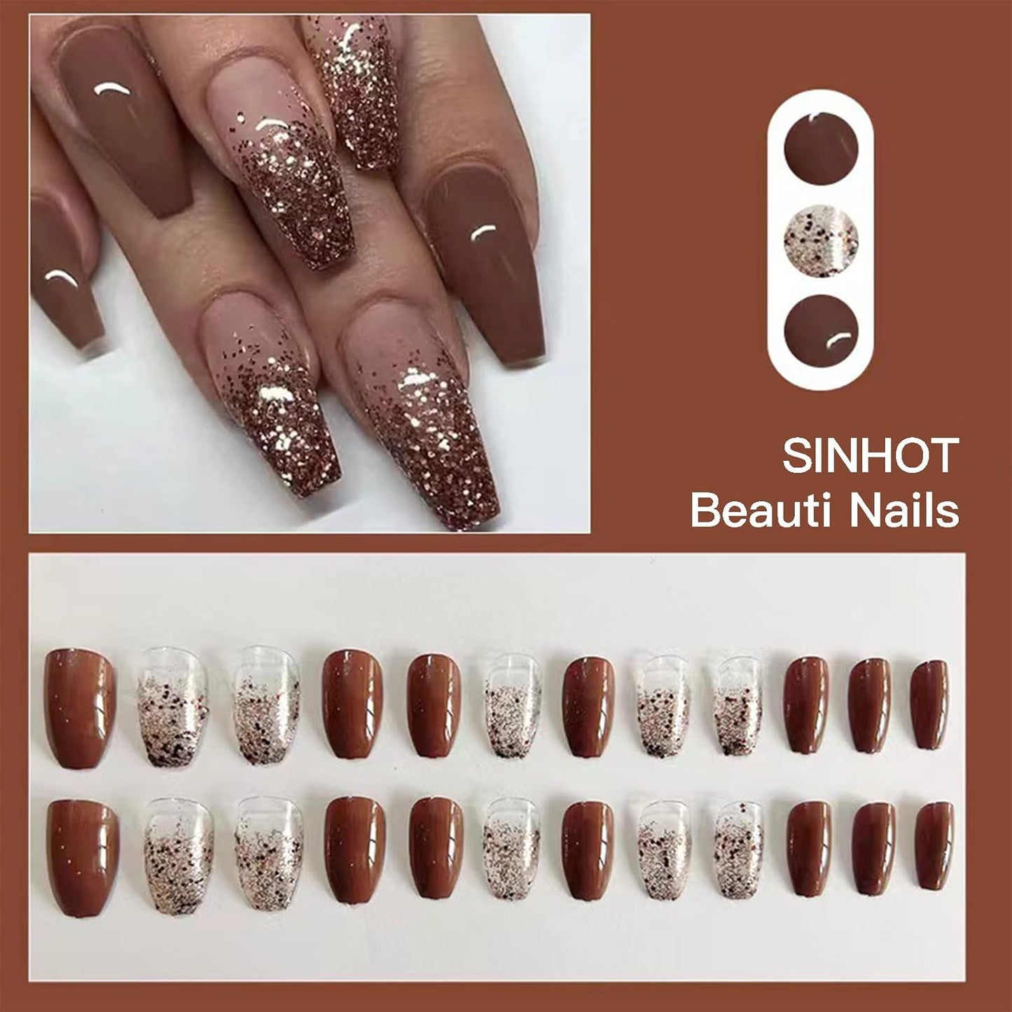 Coffin Press on Nails Medium Ballerina Fake Nails Glossy Glue on Nails Brown Gradient Acrylic Nails with Brown Glitter False Nails Designs 24 Pcs